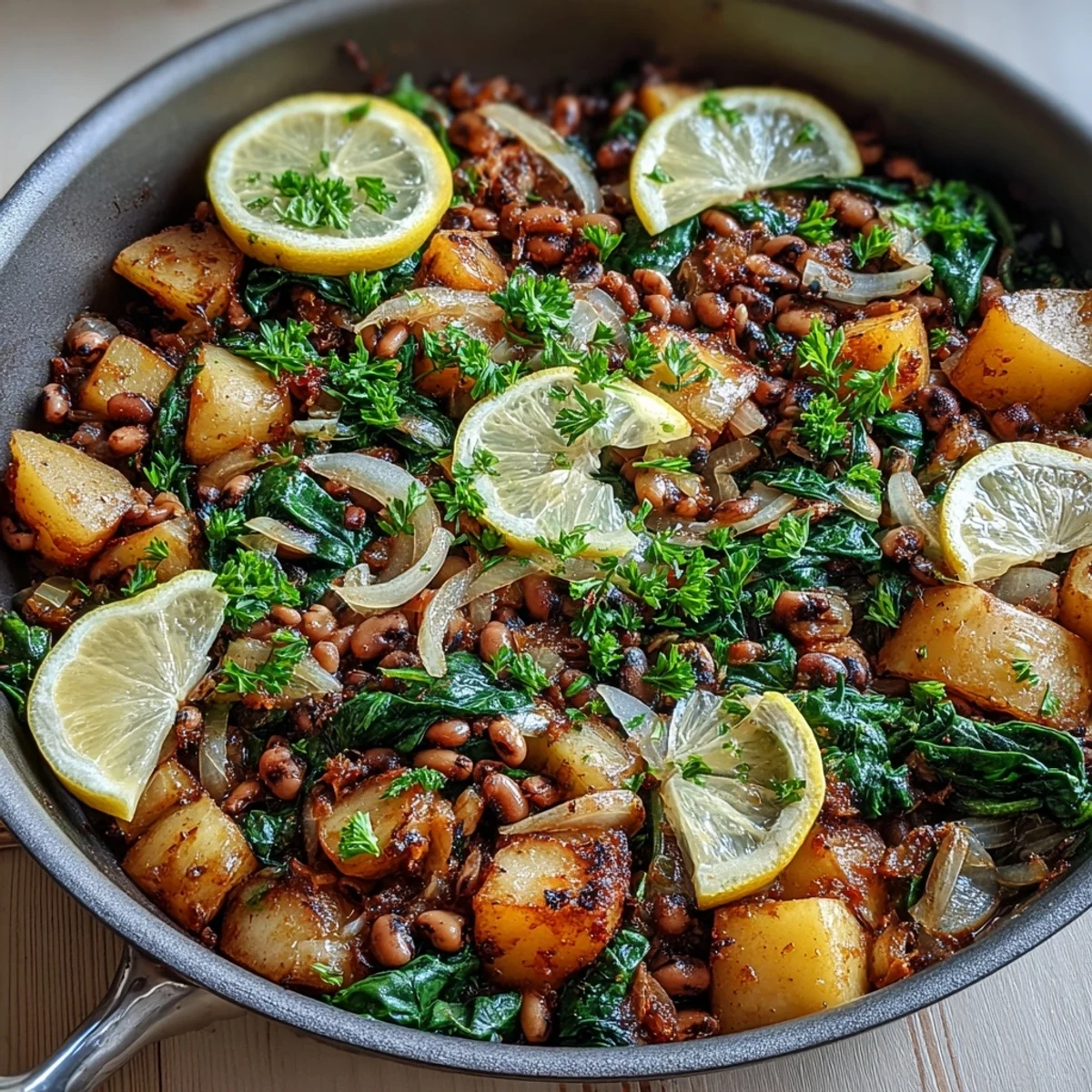 Sizzling Black-Eyed Pea Skillet Dinner with golden potatoes and wilted spinach in a cast iron pan.