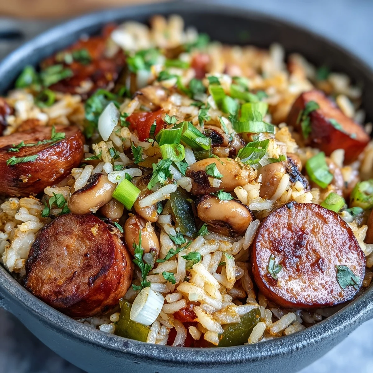 Steam rises from a pot of Black-Eyed Pea Jambalaya brimming with sausage, rice, and colorful peppers.