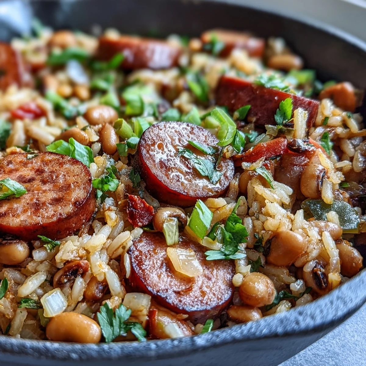 Close-up of Black-Eyed Pea Jambalaya in a Dutch oven, showcasing tender grains and smoky sausage pieces.