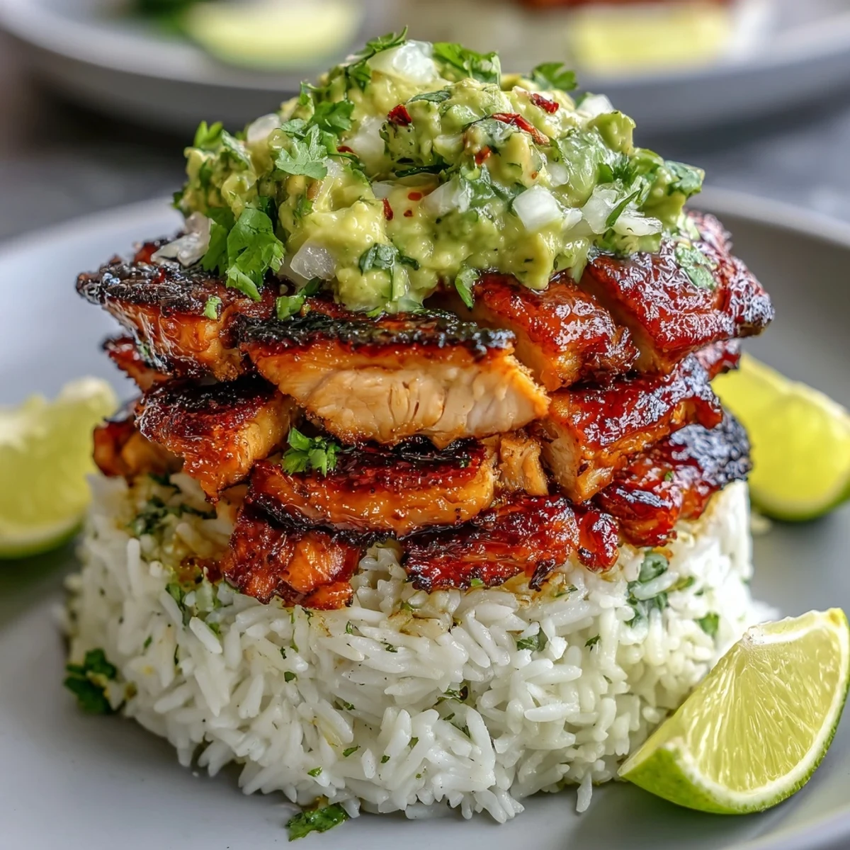 Golden-brown grilled chicken slices layered over fluffy jasmine rice and topped with a vibrant avocado salsa, drizzled with tangy honey lime dressing.