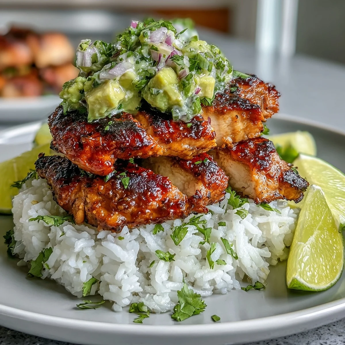 Close-up view of juicy honey lime marinated chicken resting on a bed of fragrant jasmine rice and creamy avocado mix.