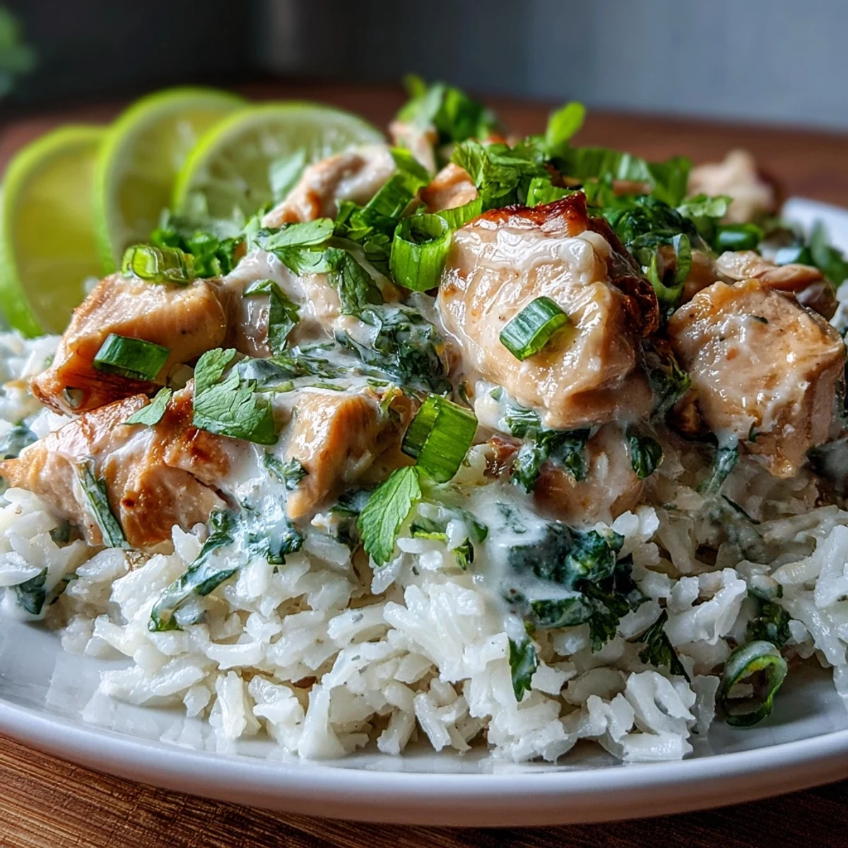 Tender diced chicken simmered in creamy coconut milk sauce atop fluffy rice, garnished with fresh cilantro in this Coconut Chicken Rice Bowl.