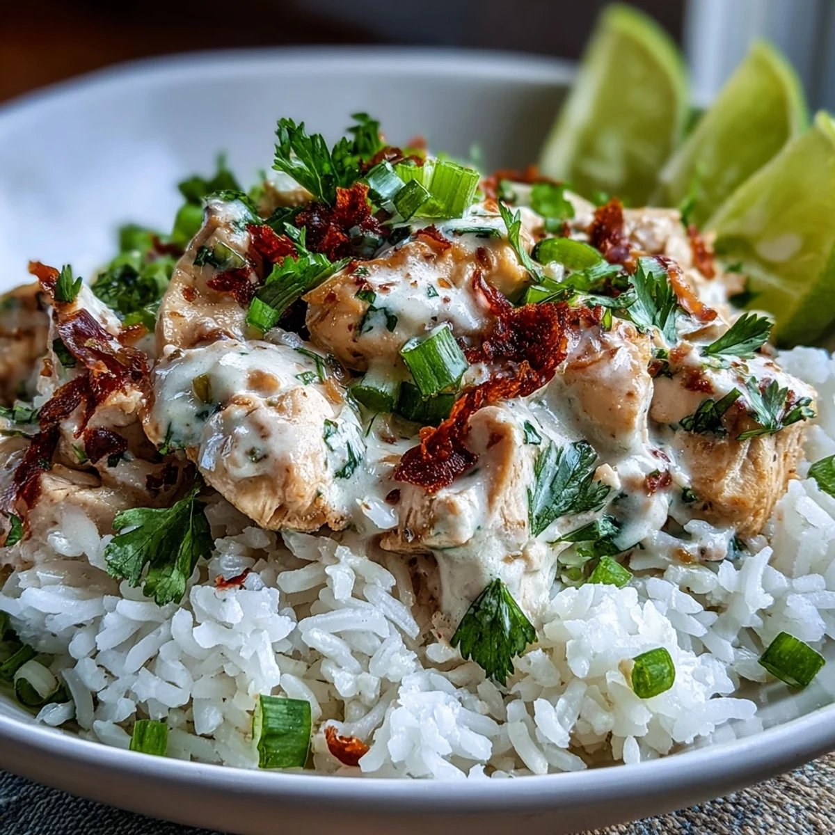 Vibrant Coconut Chicken Rice Bowl served with jasmine rice, sliced green onions, and cilantro, drizzled with savory, dairy-free coconut sauce.
