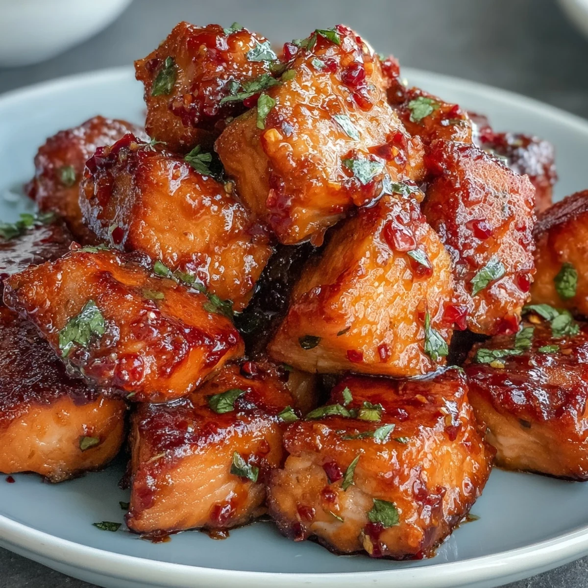 Golden brown salmon cubes coated in sweet chili glaze, served for dinner.