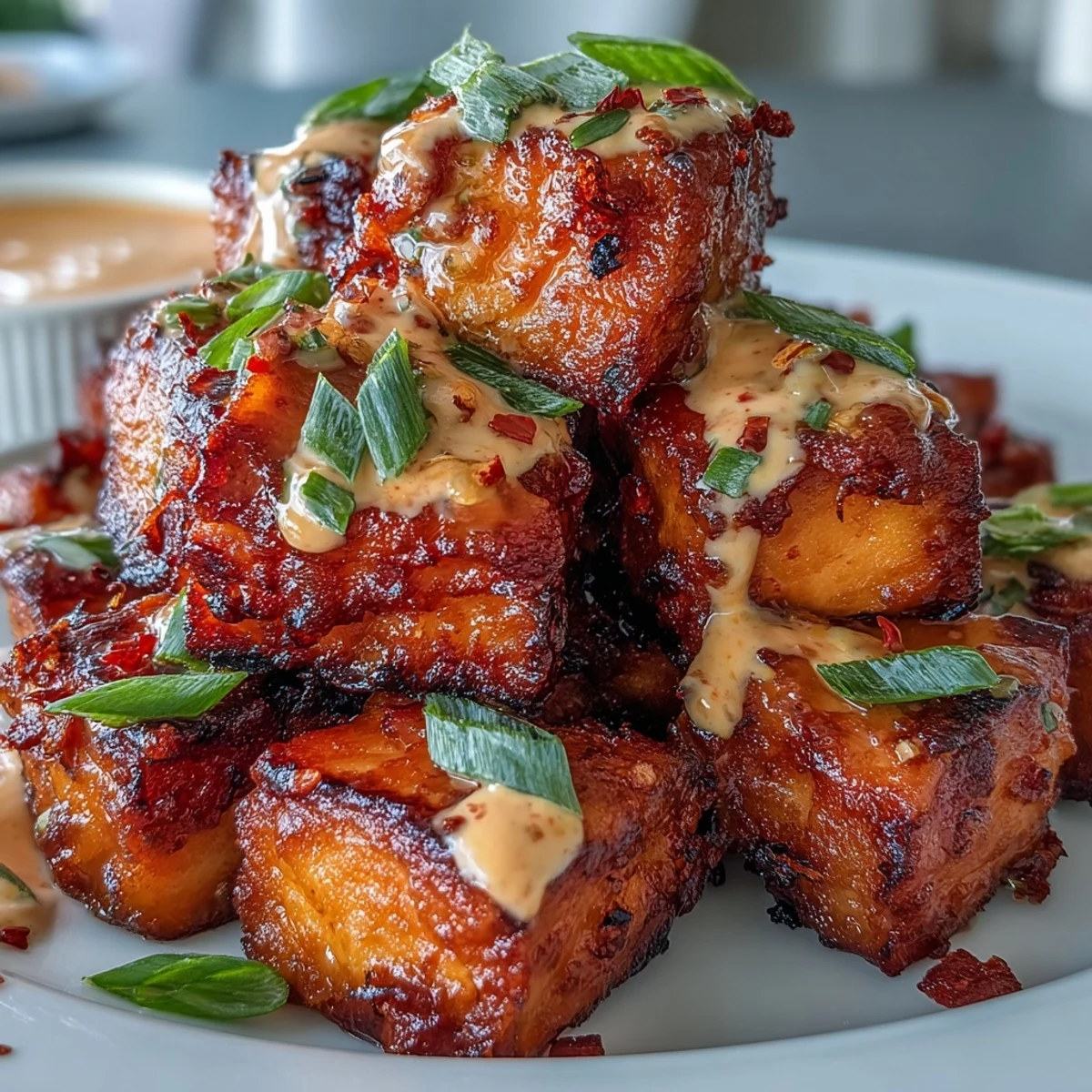 Crispy pan-seared Bang Bang Salmon Bites glistening with a creamy, spicy sauce.