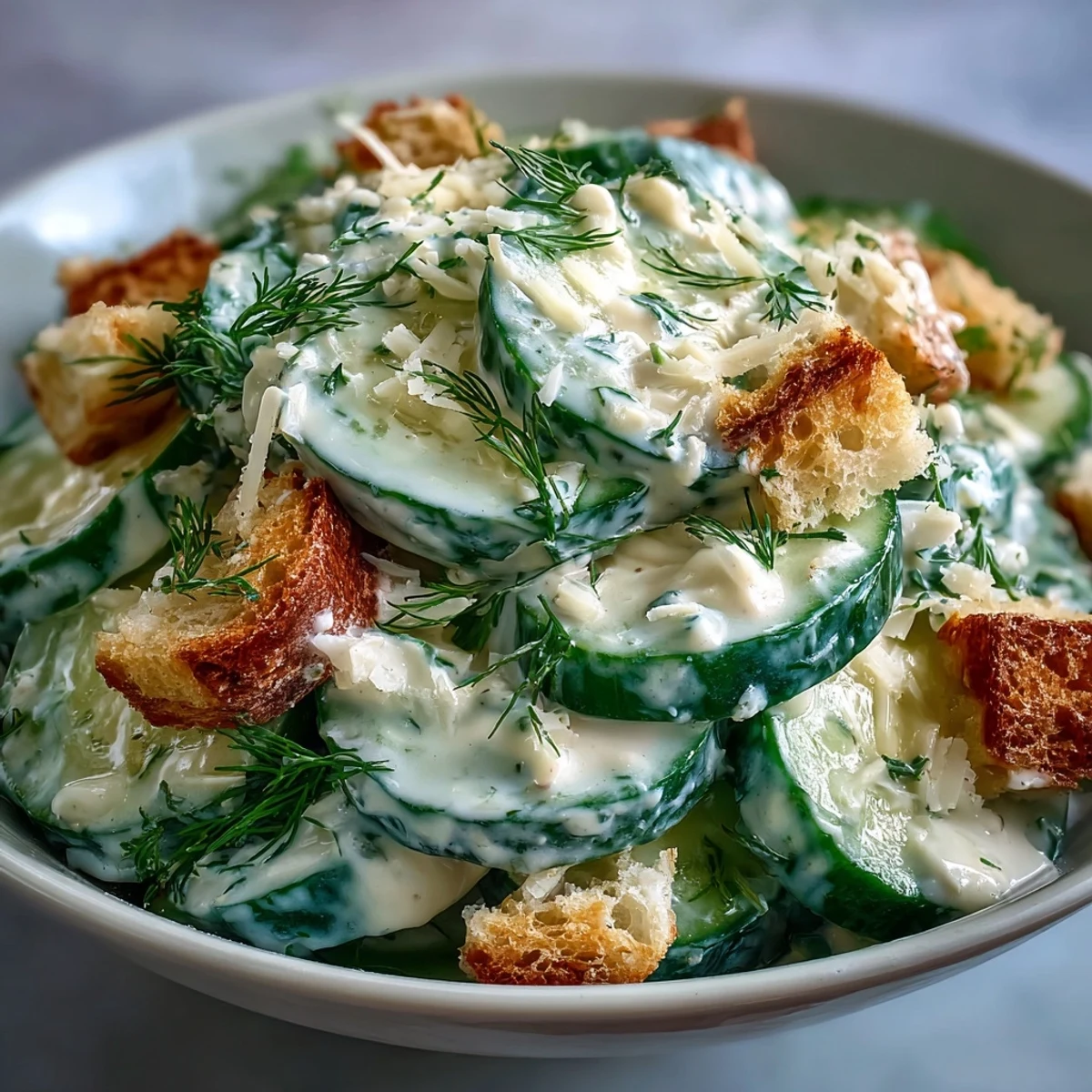 Cool cucumber slices tossed in creamy Caesar dressing, topped with crunchy croutons and shaved Parmesan garnish.