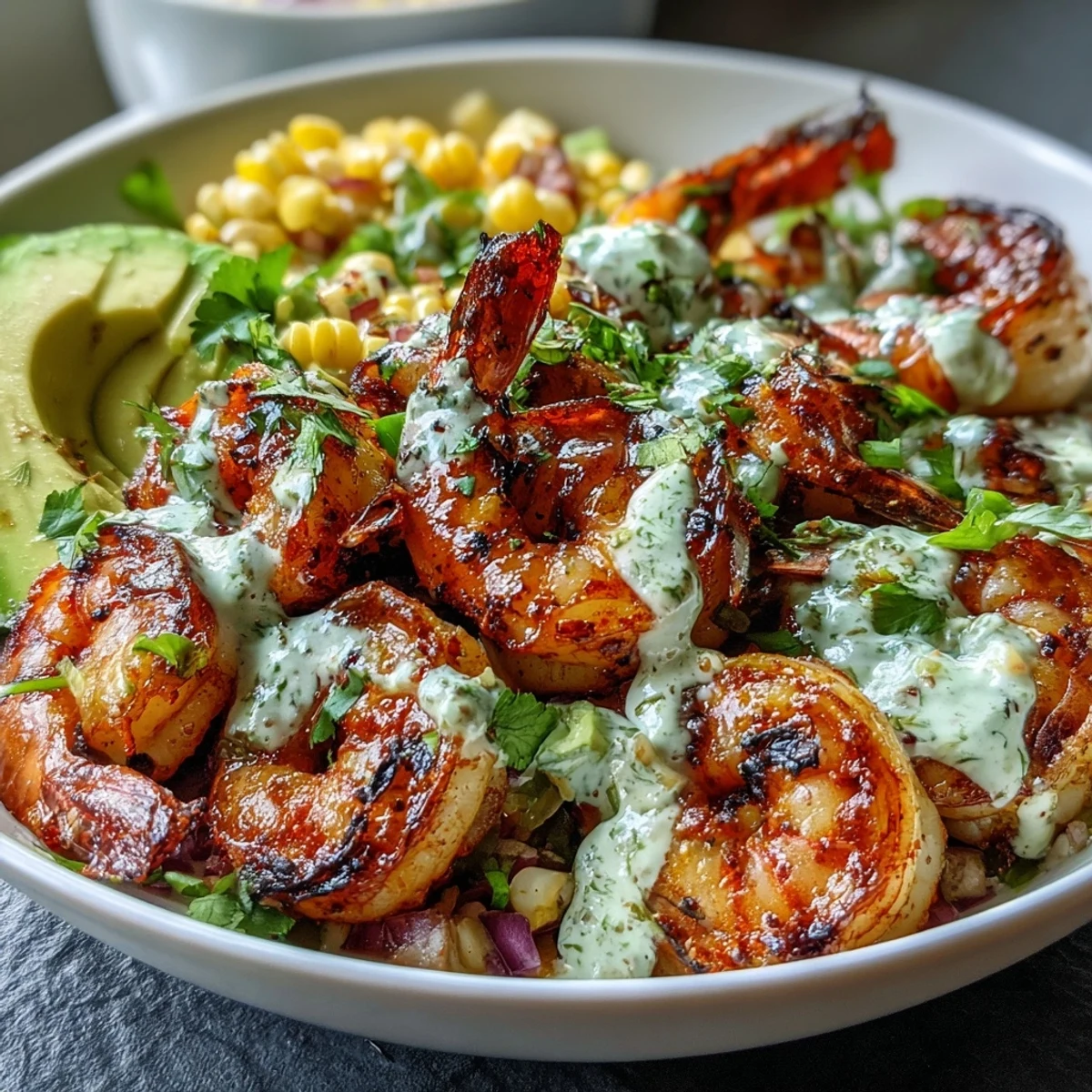 Grilled Shrimp Bowl with Avocado, Corn Salsa & Creamy Garlic Sauce drizzled over fluffy rice.