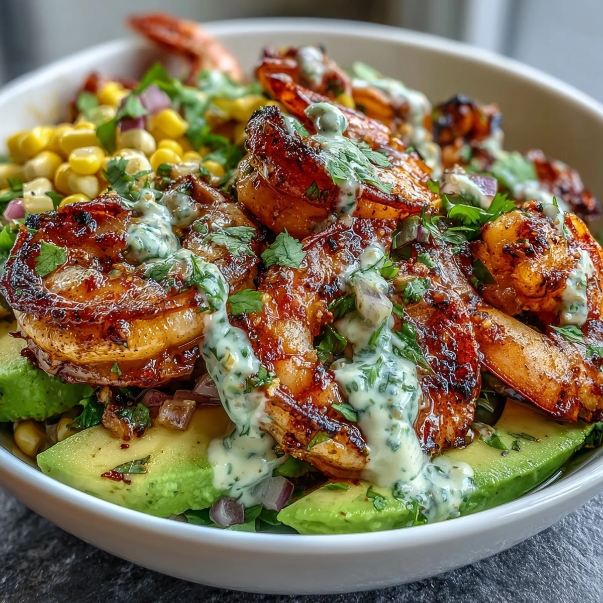 Grilled Shrimp Bowl with Avocado, Corn Salsa & Creamy Garlic Sauce served with lime wedges.