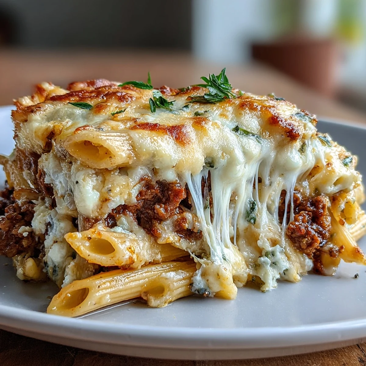 Freshly baked Cottage Cheese Protein Pasta Bake with golden, bubbly mozzarella and Parmesan topped over whole wheat penne and savory ground beef.