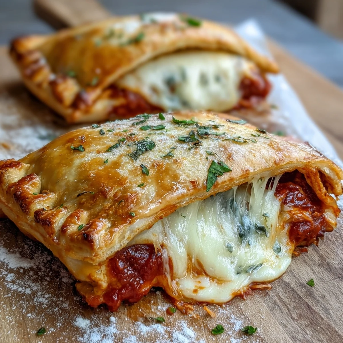 Golden-brown High Protein Pizza Hot Pockets sit on a rustic board with marinara dipping sauce.