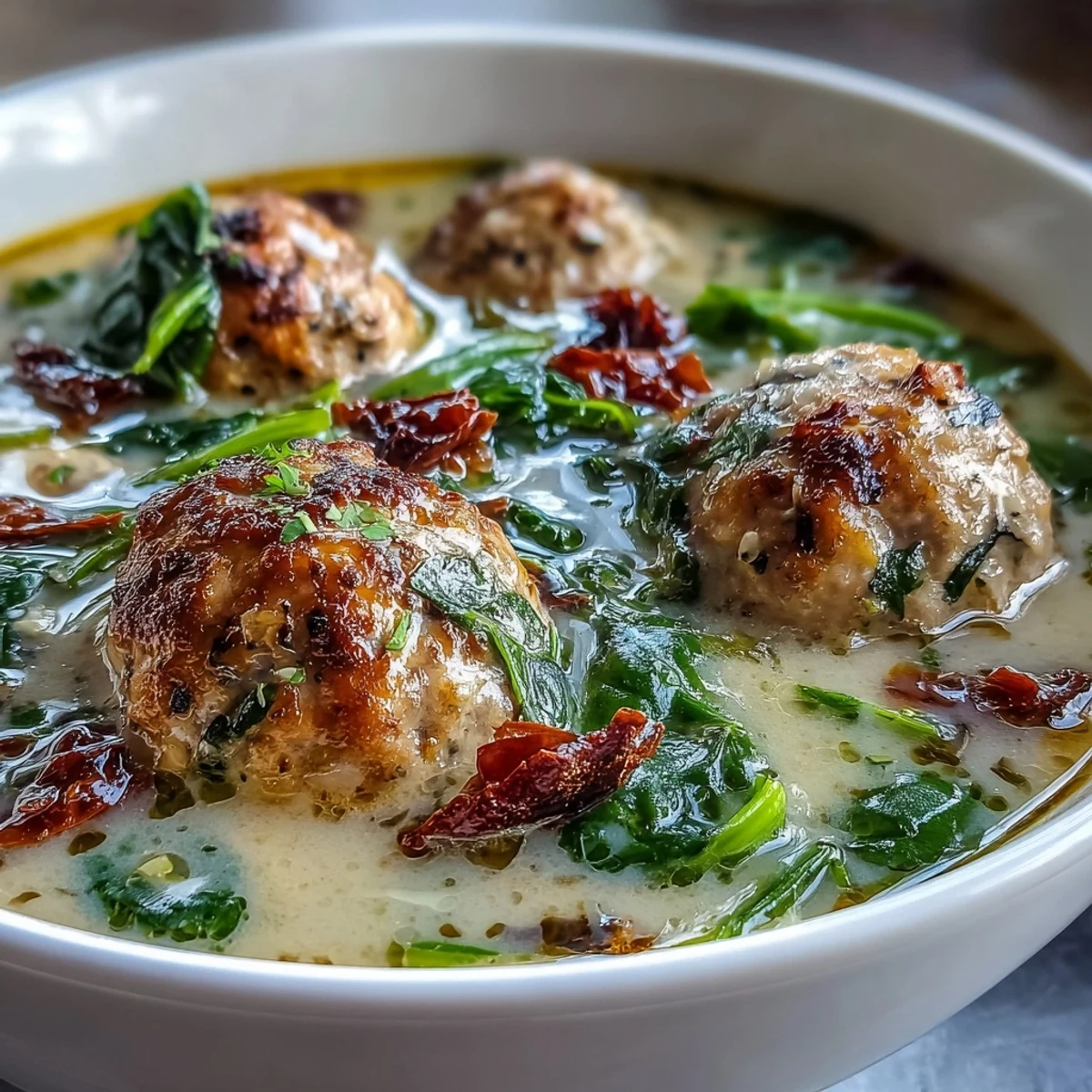 Creamy Tuscan Turkey Meatball Soup steaming in a rustic bowl, garnished with fresh basil and Parmesan.