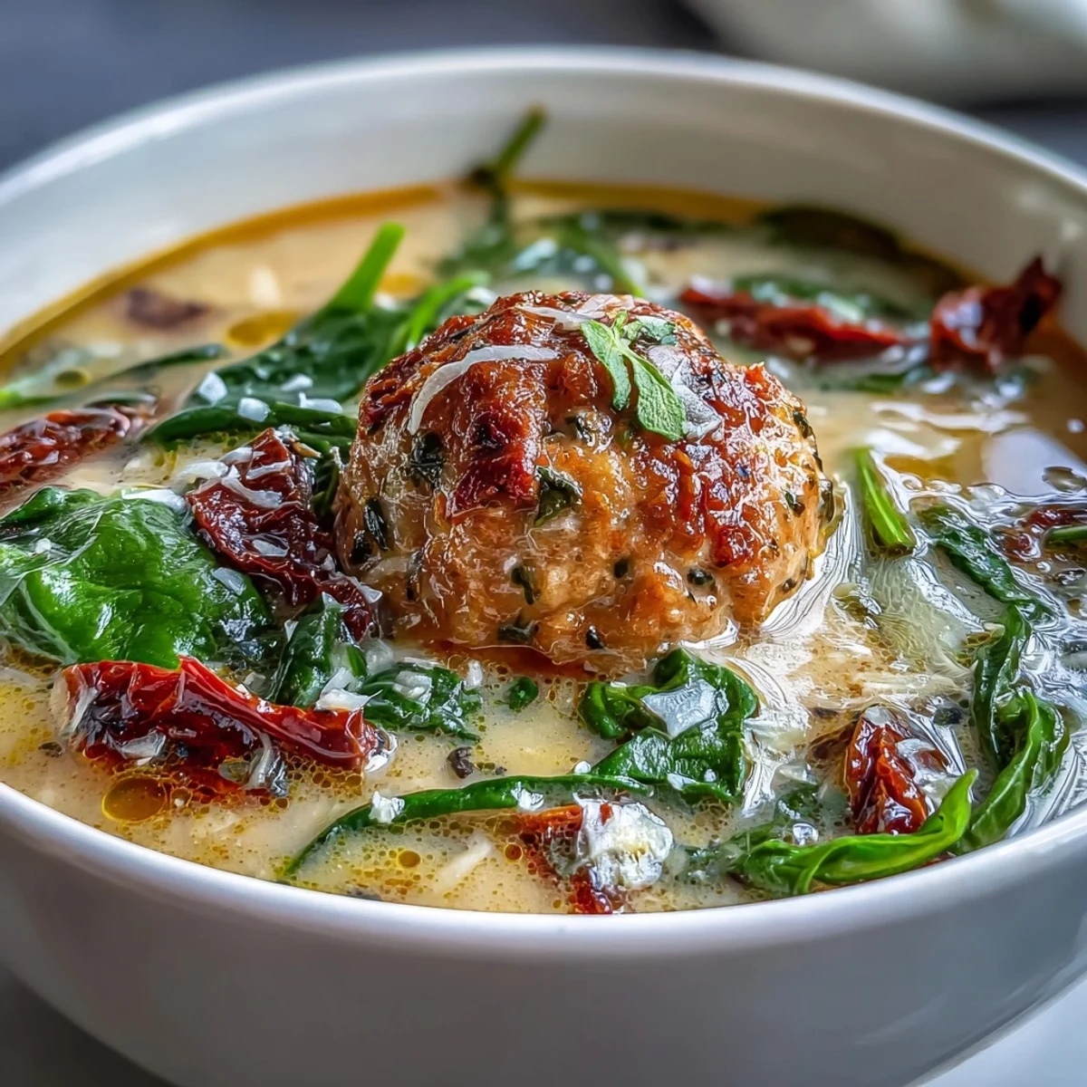 A spoon dipping into Creamy Tuscan Turkey Meatball Soup reveals sun-dried tomatoes and wilted spinach.