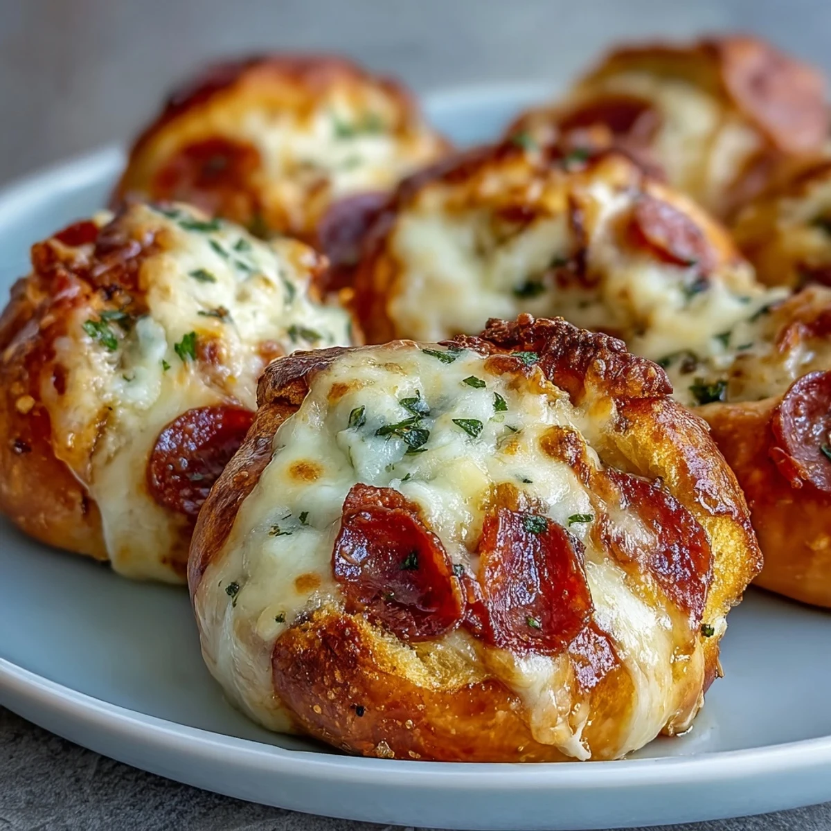 Freshly baked Pizza Roll Stuffed Garlic Knots, golden and glistening with garlic butter, served warm with a side of marinara for dipping.