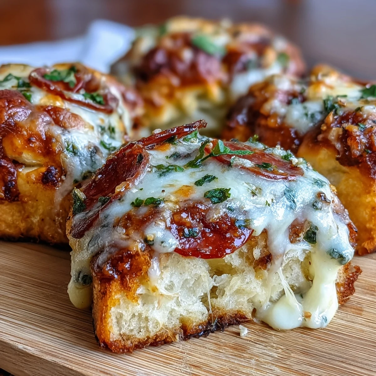 Twisted Pizza Roll Stuffed Garlic Knots reveal melty mozzarella and pepperoni filling on a rustic wooden board, perfect for game-day snacking.