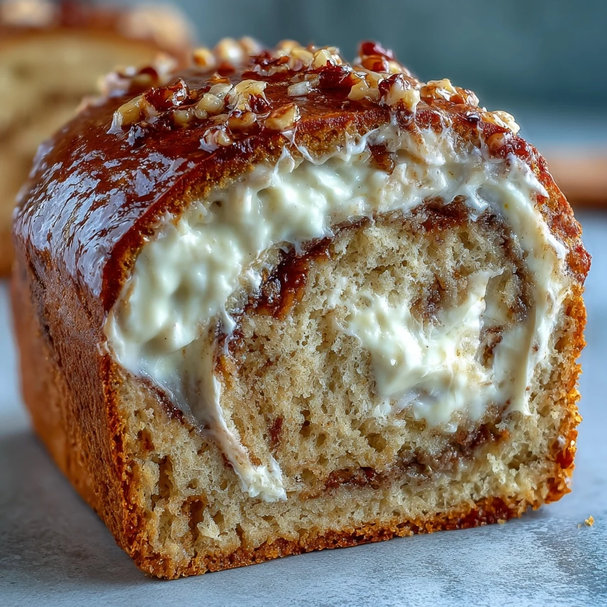 Freshly baked Cream Cheese Cinnamon Swirl Protein Loaf cooling on a wire rack, featuring golden-brown edges and a moist crumb. 