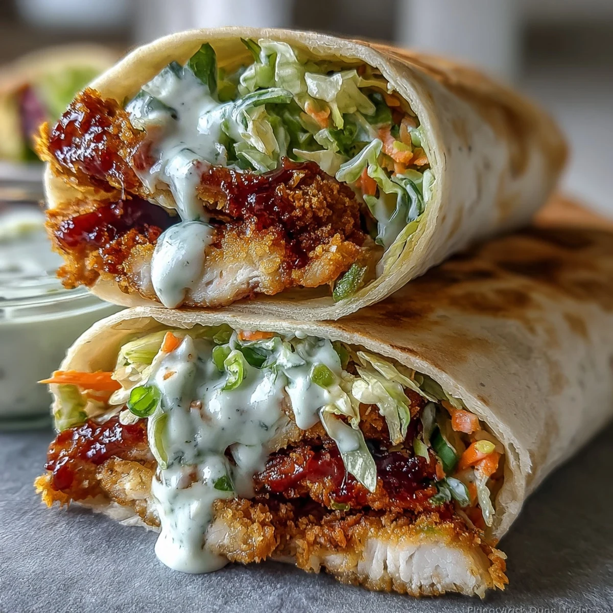 Golden-brown crispy turkey strips tucked inside a soft flour tortilla with colorful slaw and drizzled Korean-inspired gochujang sauce.