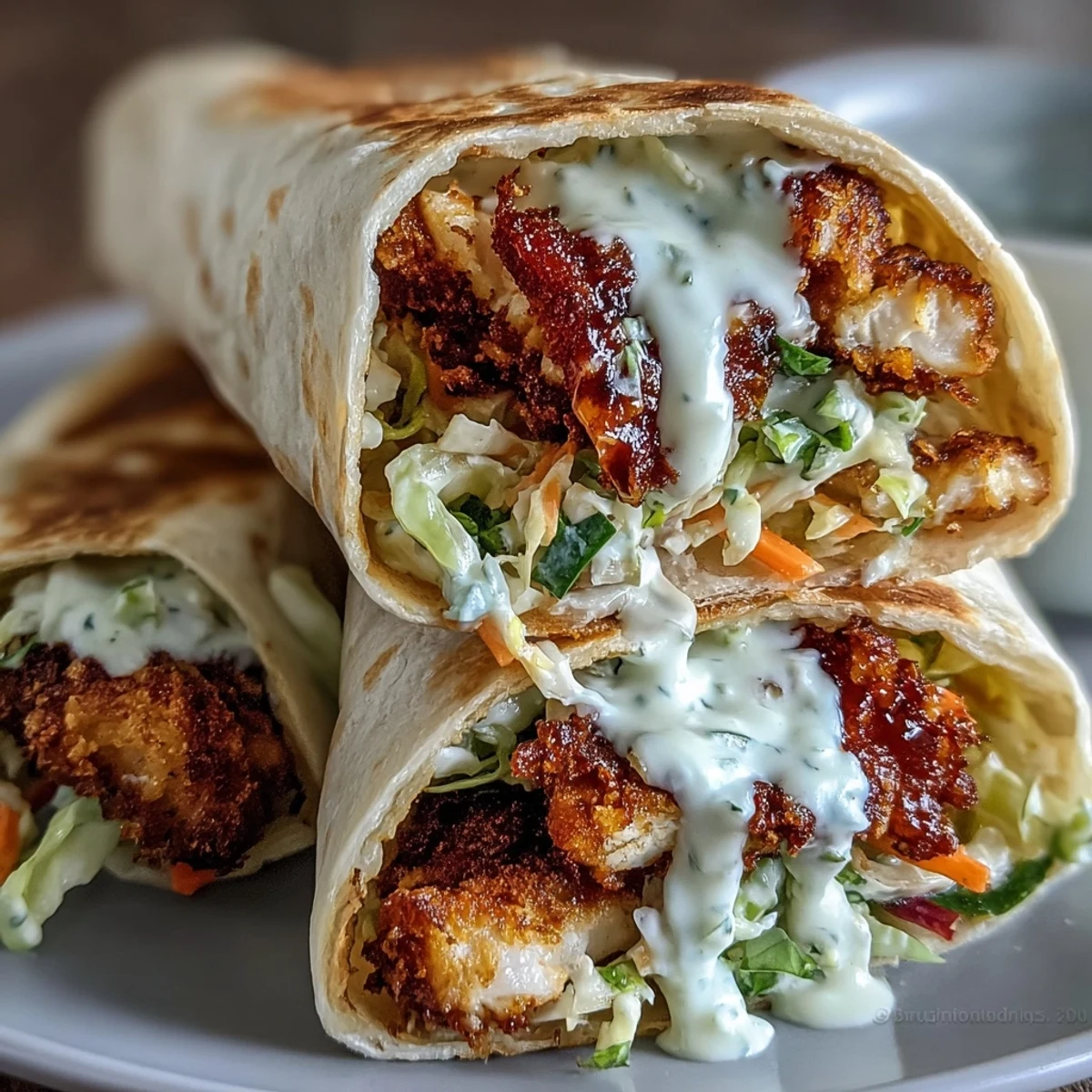 Assembled Crispy KFC Turkey Snack Wraps feature toasted tortillas, vibrant julienned carrots, and creamy spicy sauce ready to serve on a plate.