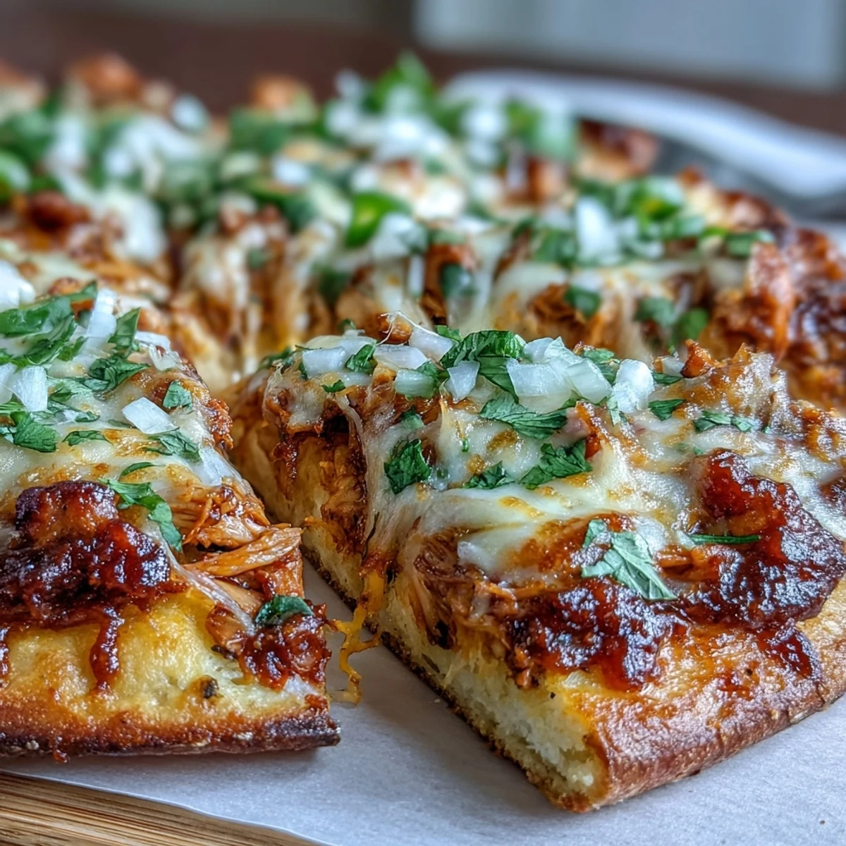 Sliced Garlic Naan Chicken Enchilada Pizzas reveal layers of tangy red enchilada sauce, shredded chicken, and melted cheese on a plate.