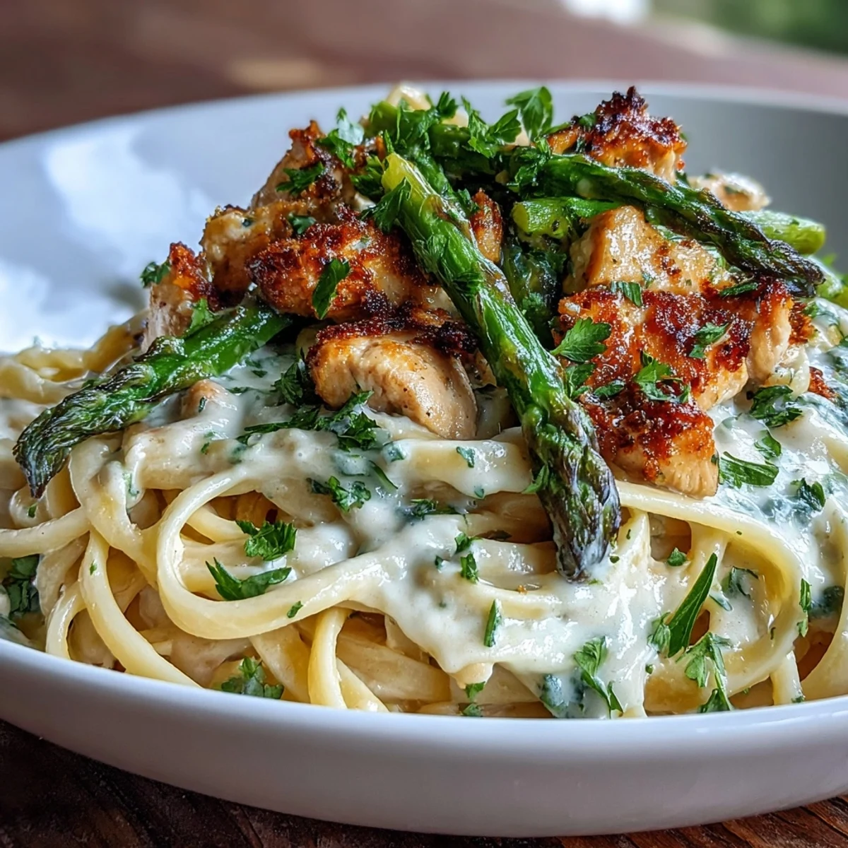 Creamy Asiago Chicken & Asparagus Pasta served with linguine in a rich white sauce and garnished with fresh parsley.