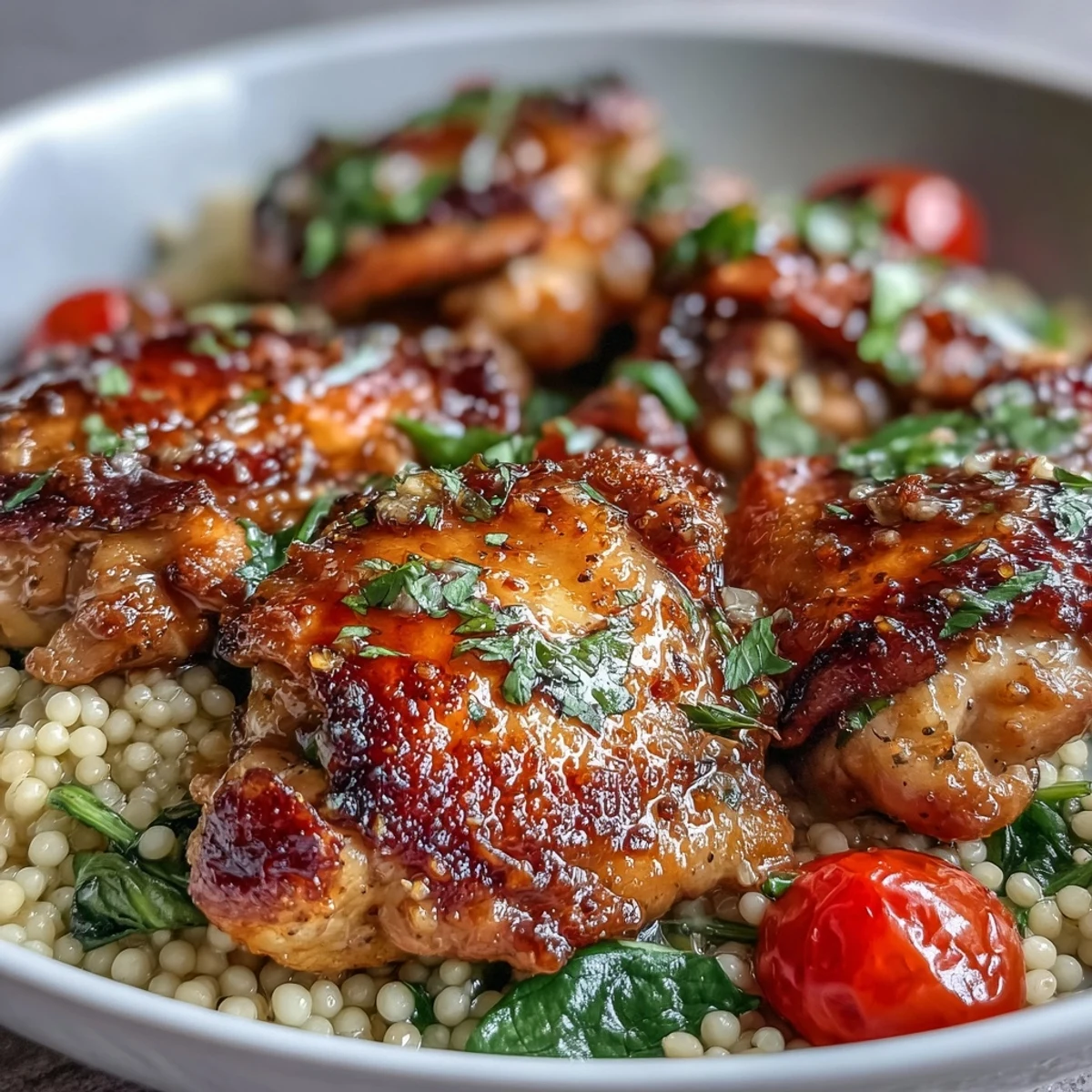 Golden-brown seared chicken thighs and fluffy couscous simmering in a one-pan garlic butter sauce with cherry tomatoes.