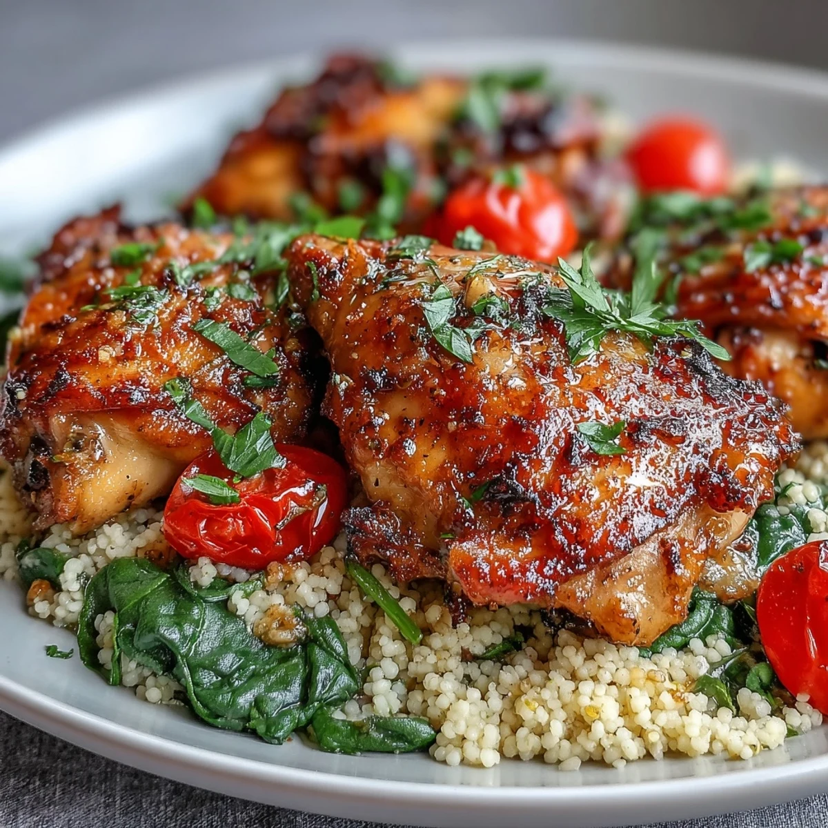 Tender chicken thighs rest atop steaming couscous in a garlic butter skillet, garnished with fresh parsley and lemon.
