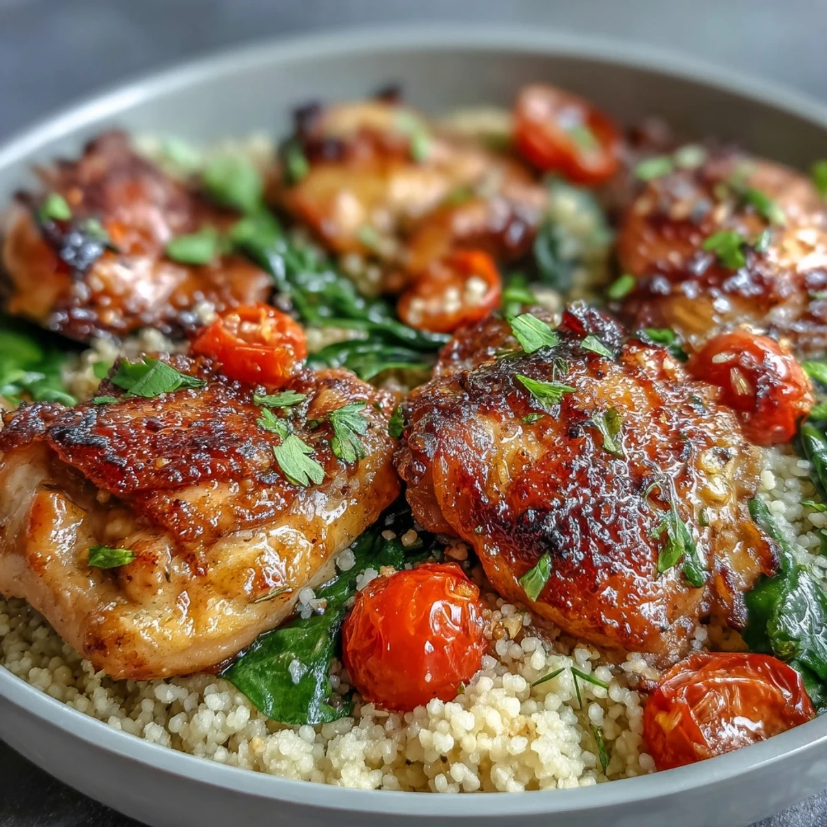 Vibrant cherry tomatoes and wilted spinach mix with fluffy couscous and golden chicken in a savory garlic butter sauce.