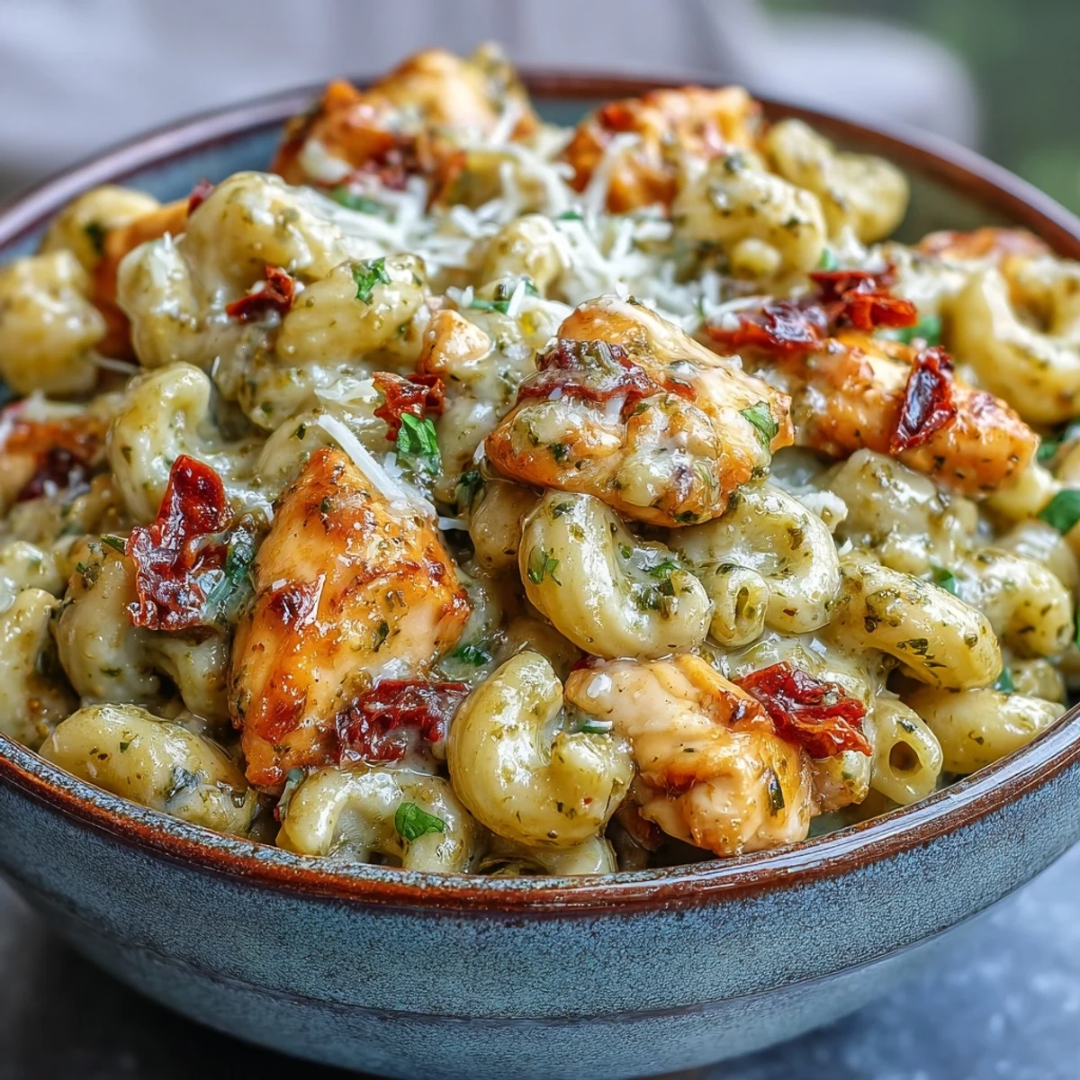 A steaming bowl of Pesto Chicken Chili Mac topped with fresh basil and extra Parmesan.