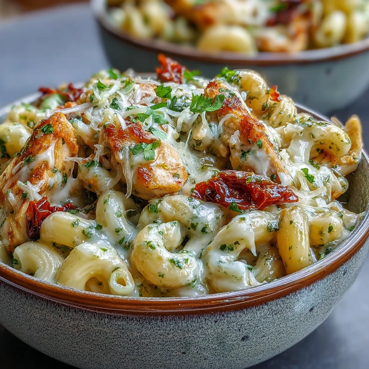 Pesto Chicken Chili Mac in a rustic pot features gooey mozzarella and chopped sun-dried tomatoes.
