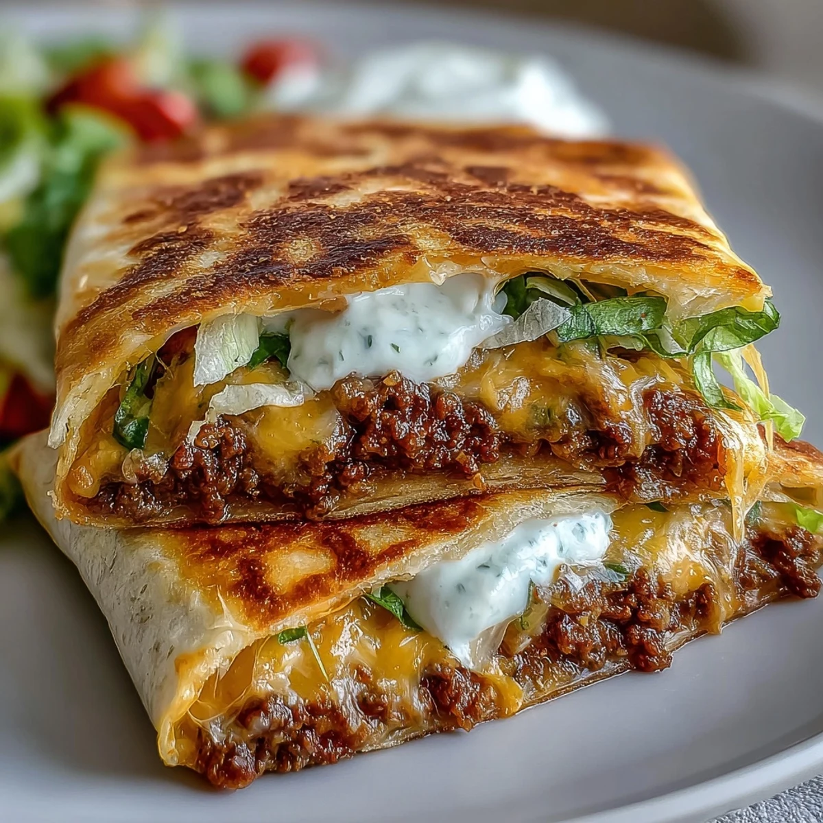 A handheld Keto Taco Bell Copycat Crunchwrap features a crunchy pork rind center, fresh lettuce, and seasoned ground beef wrapped in a golden keto tortilla.