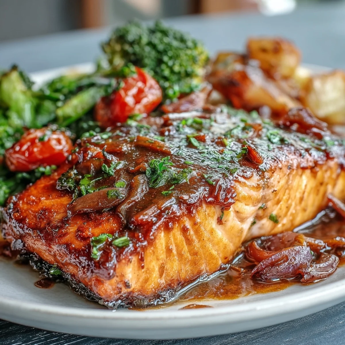 Flaky Sheet Pan Dijon Salmon with roasted broccoli, tomatoes, and bell peppers garnished with fresh parsley.