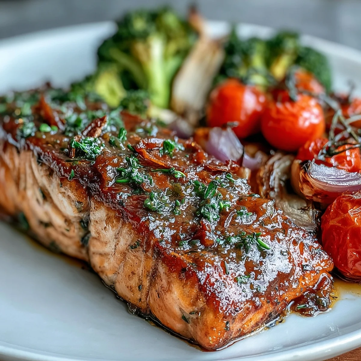 Healthy Sheet Pan Dijon Salmon dinner plated with lemon wedges, ready to serve for a busy weeknight meal.
