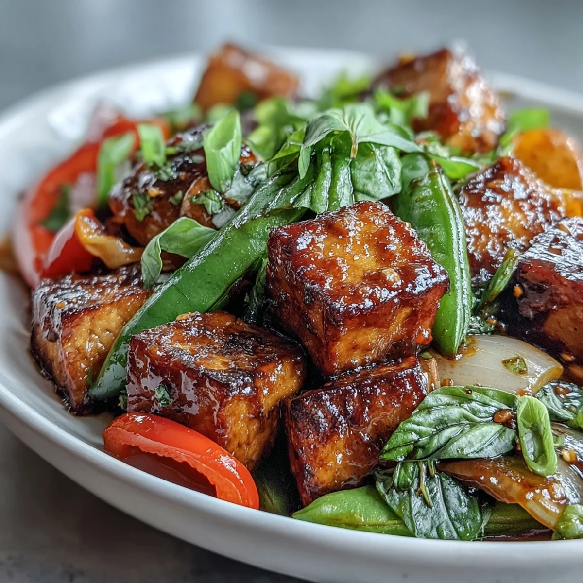 Golden seared tofu cubes and vibrant bell peppers glisten in this Vegan Thai Basil Tofu Stir-Fry, served alongside fluffy jasmine rice.