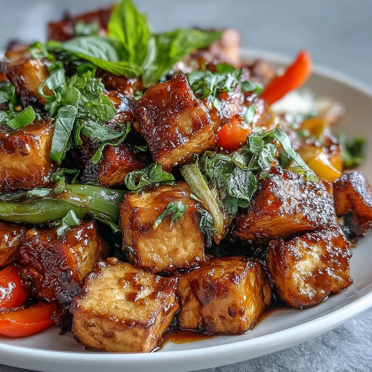 A fresh plate of Vegan Thai Basil Tofu Stir-Fry features crisp snap peas, julienned carrots, and aromatic Thai basil leaves.