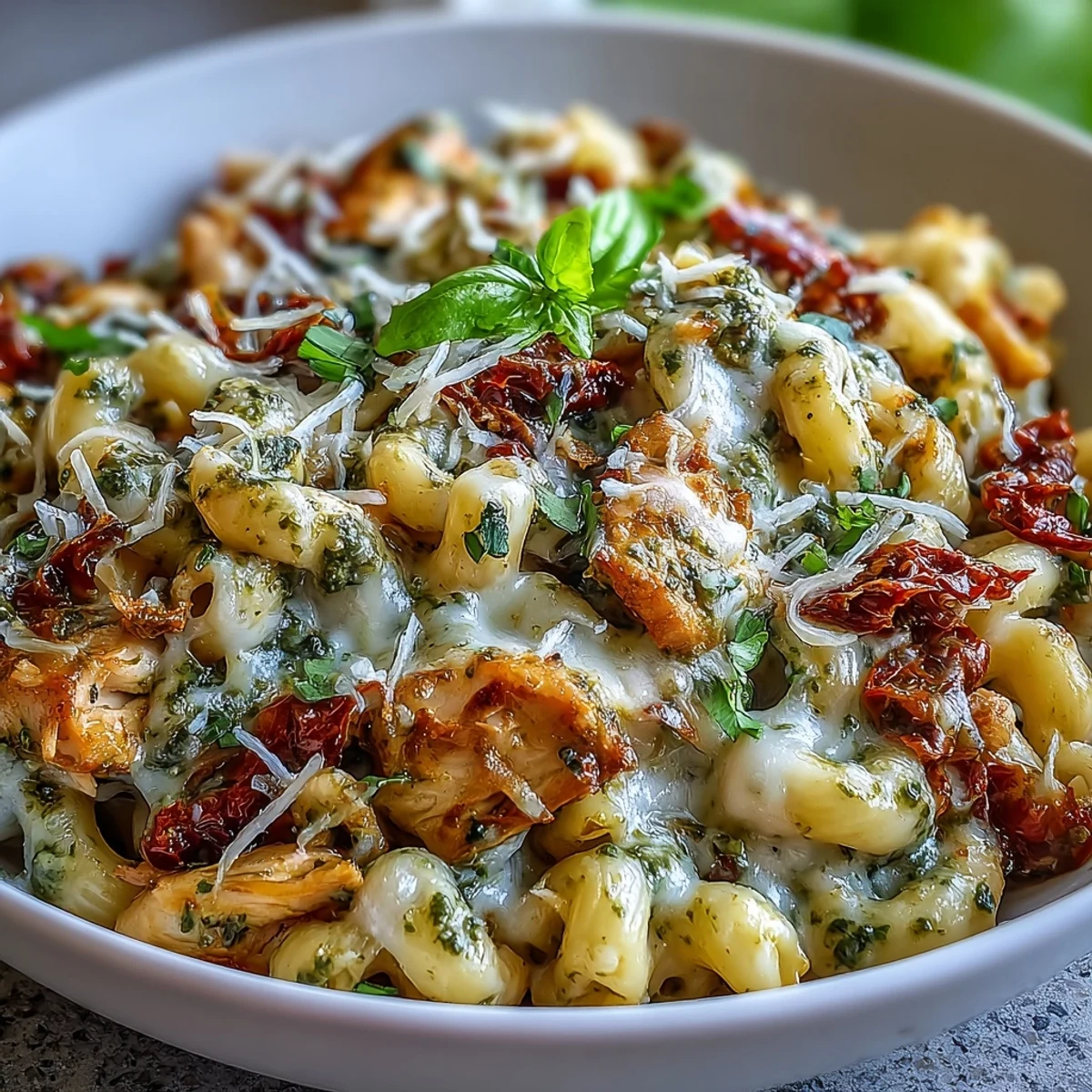 Golden, cheesy Pesto Chicken Chili Mac steaming in a bowl, topped with extra Parmesan and sun-dried tomatoes.