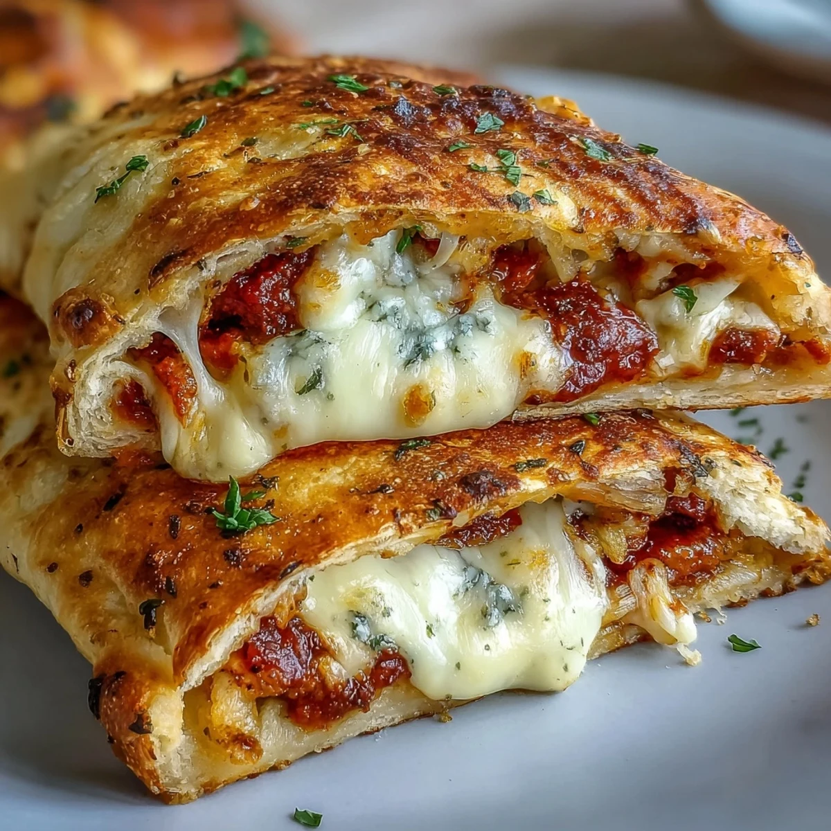 Golden-baked High Protein Pizza Hot Pockets lined up on a rustic wooden board, showing flaky crust with melty mozzarella oozing out.