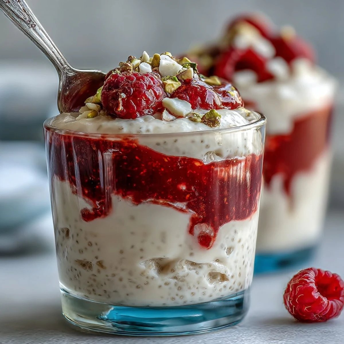 Vibrant Vegan Raspberry Coconut Chia Parfaits layered with creamy coconut pudding and tangy raspberry purée, topped with fresh mint.