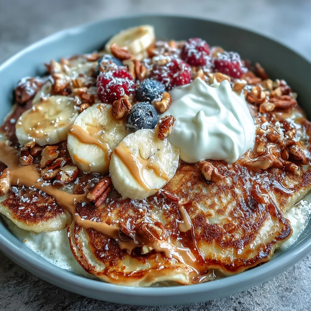 Warm, golden pancakes made with oats, banana, and protein powder, topped with Greek yogurt, berries, and a honey drizzle for a nourishing breakfast bowl.