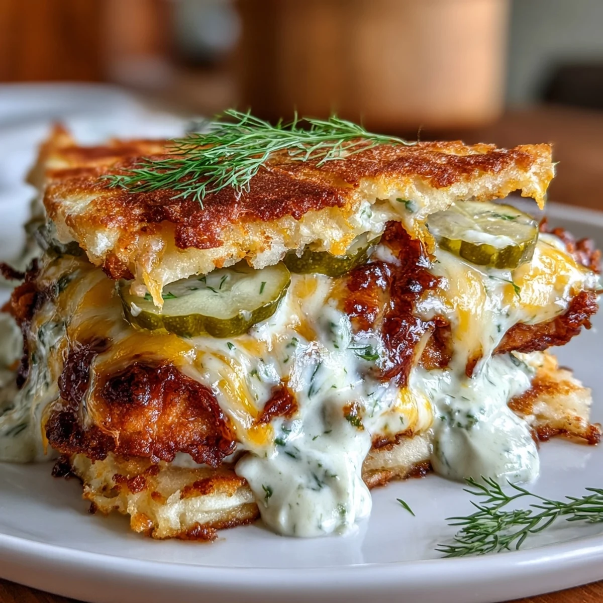 Ranch-seasoned smashed chicken tacos topped with crispy cheddar-Monterey Jack cheese lace, dill pickles, and zesty ranch dressing.  