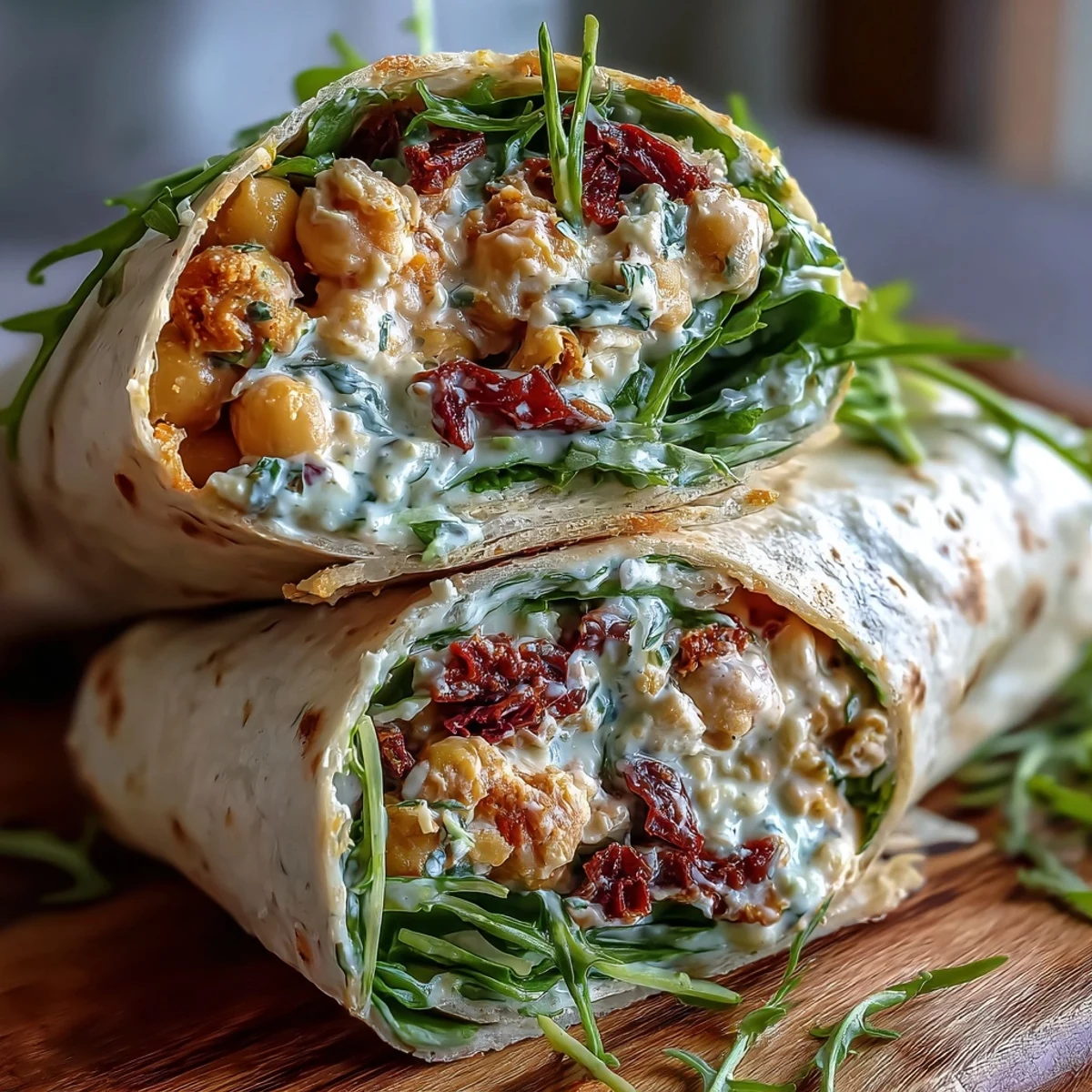Protein-packed plant-based lunch idea: creamy chickpea chicken salad with tangy sun-dried tomatoes, crisp vegetables, and parsley, wrapped for easy eating.