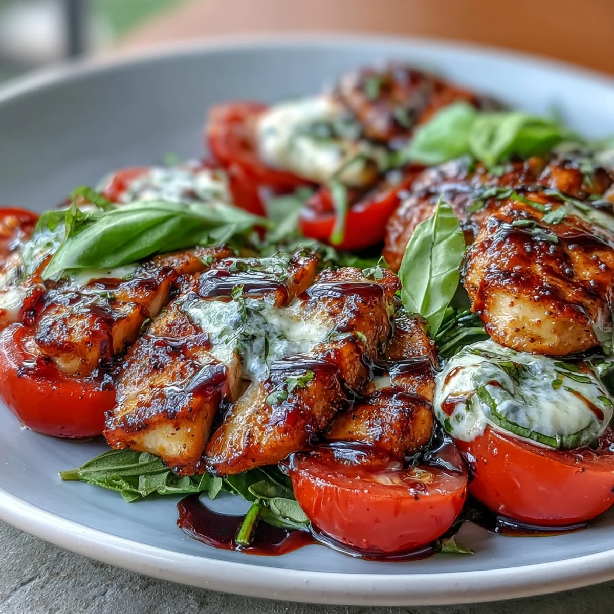 Vibrant grilled chicken Caprese salad with ripe tomatoes, fresh mozzarella, and basil leaves drizzled with balsamic glaze.