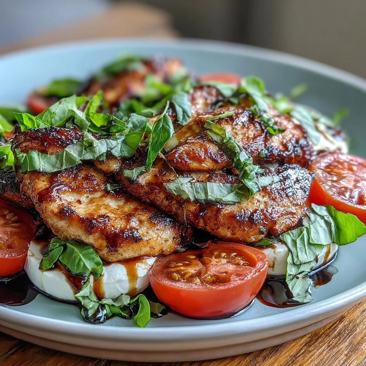 Colorful summer salad featuring juicy grilled chicken breast, creamy mozzarella, and fresh basil, topped with tangy balsamic reduction.