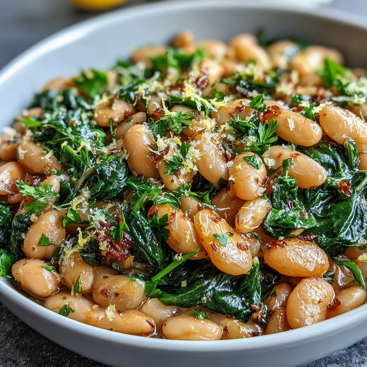 A nourishing vegan skillet with protein-packed white beans, fresh spinach, and a tangy lemon-garlic sauce. Easy, gluten-free, and delicious.