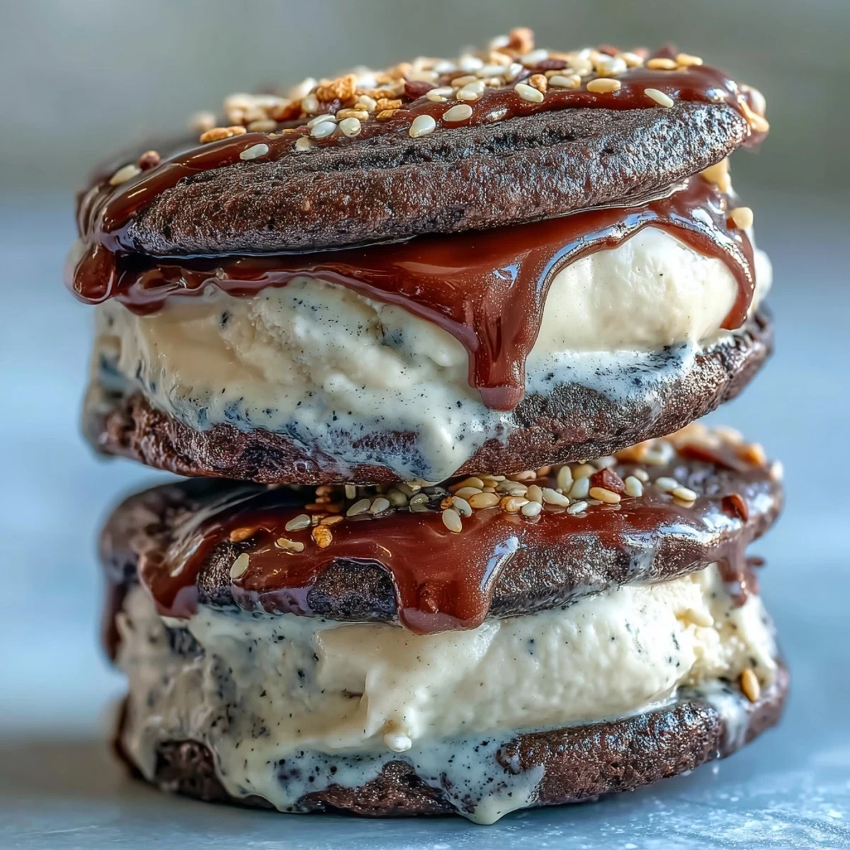 1. Creamy black sesame ice cream nestled between chewy black sesame cookies for a rich, nutty, and visually striking dessert.  
