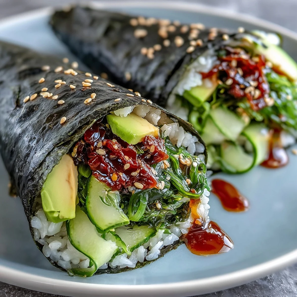 Hand rolls filled with seasoned sushi rice, tangy seaweed salad, crisp cucumber, and spicy mayo in a nori cone.  