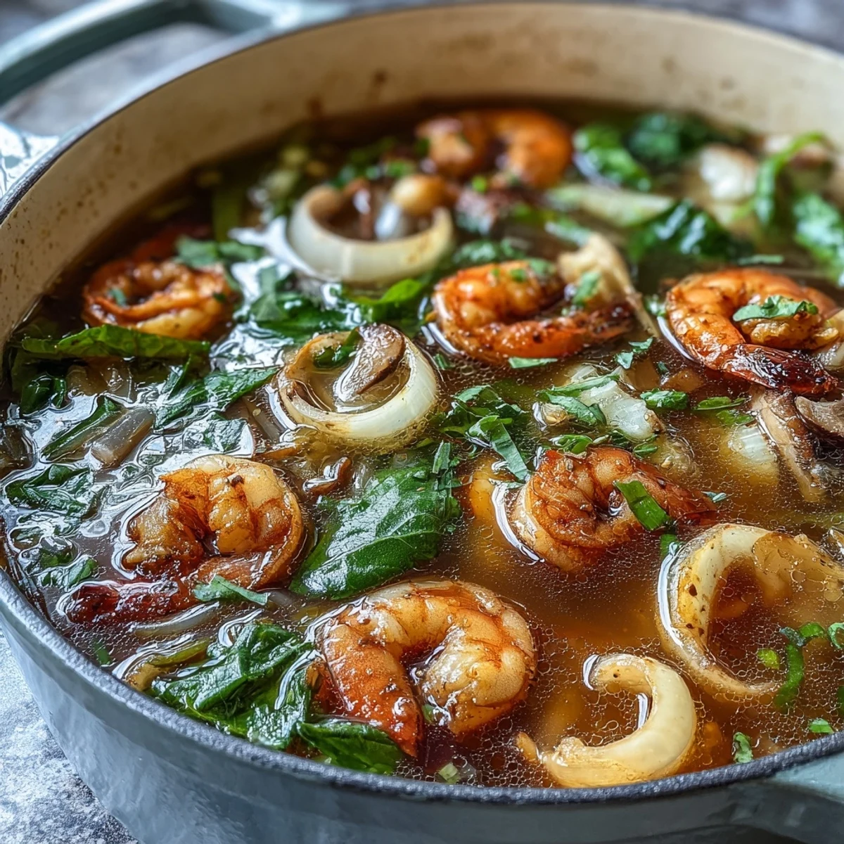 Asian Hot Pot Seafood: A steaming pot of savory broth filled with fresh shrimp, fish, mussels, and crisp vegetables, ready for interactive table cooking.