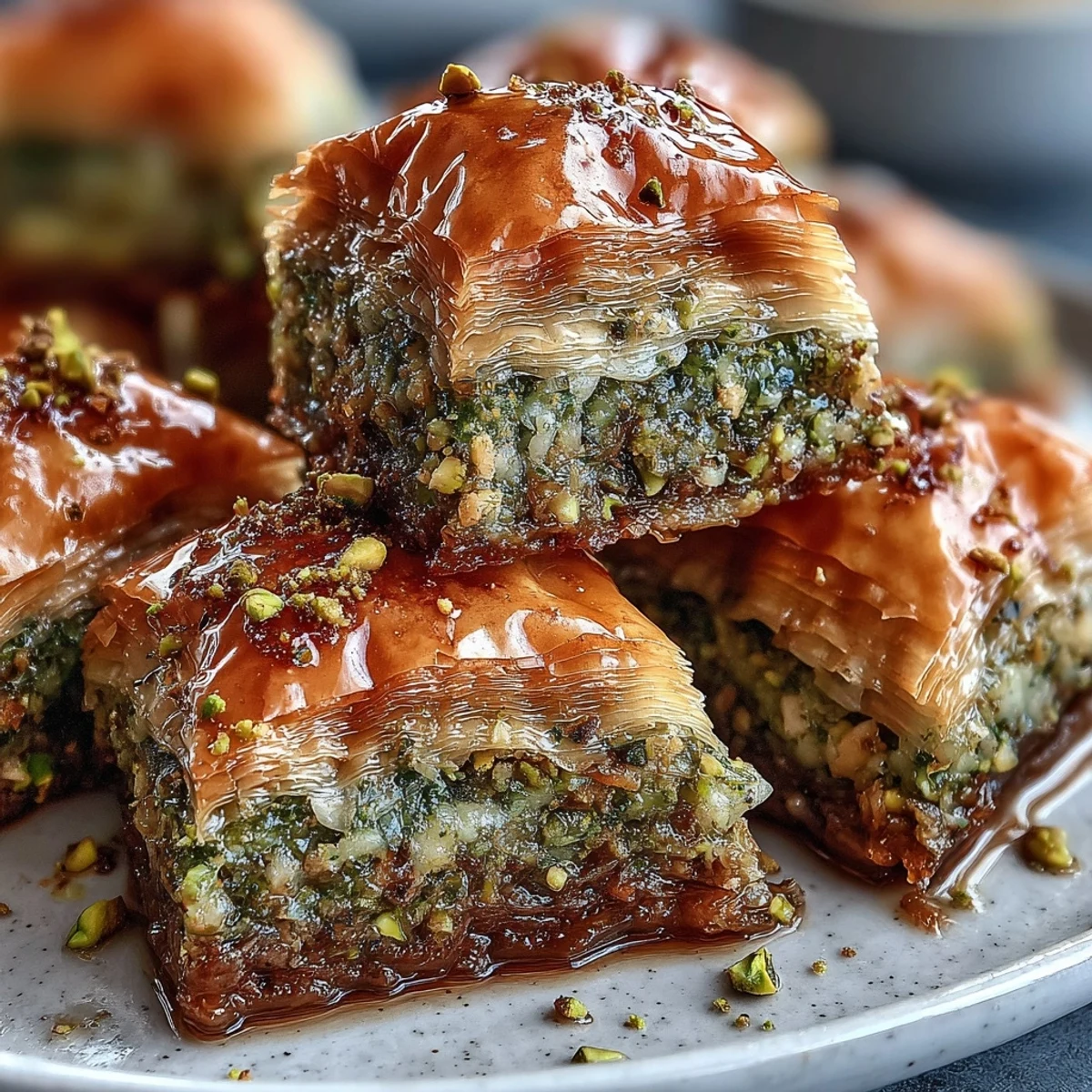 A golden tray of pistachio and honey baklava, layers of crisp phyllo pastry filled with finely chopped nuts and drizzled with fragrant syrup.
