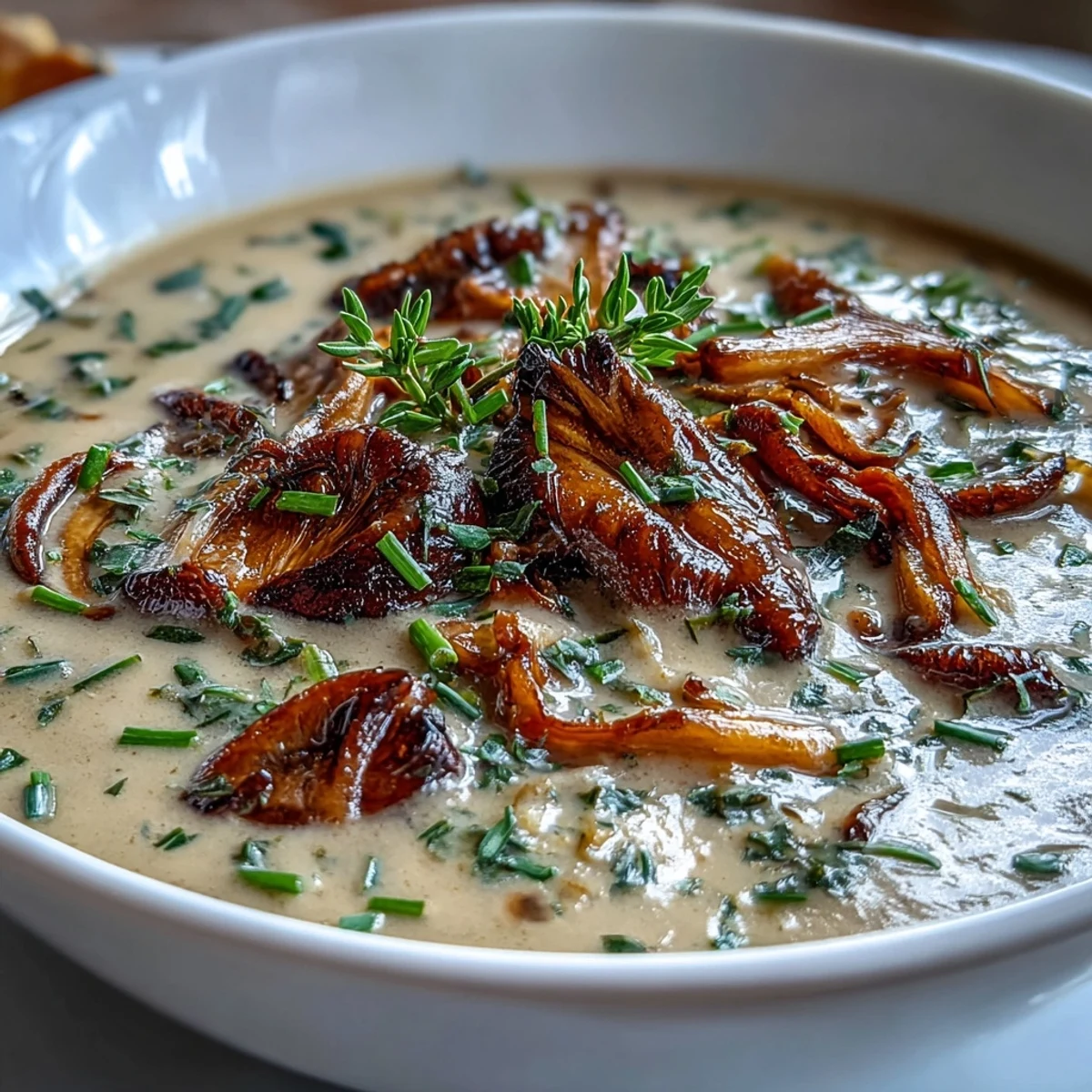 Velvety Wild Mushroom Bisque with sautéed cremini and shiitake, finished with a swirl of cream and fresh thyme.  