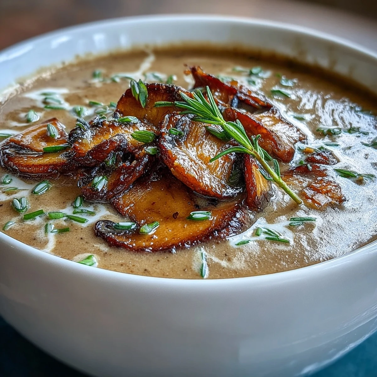 Luxurious bowl of Wild Mushroom Bisque, rich with earthy wild mushrooms, a hint of sherry, and a silky cream finish.  