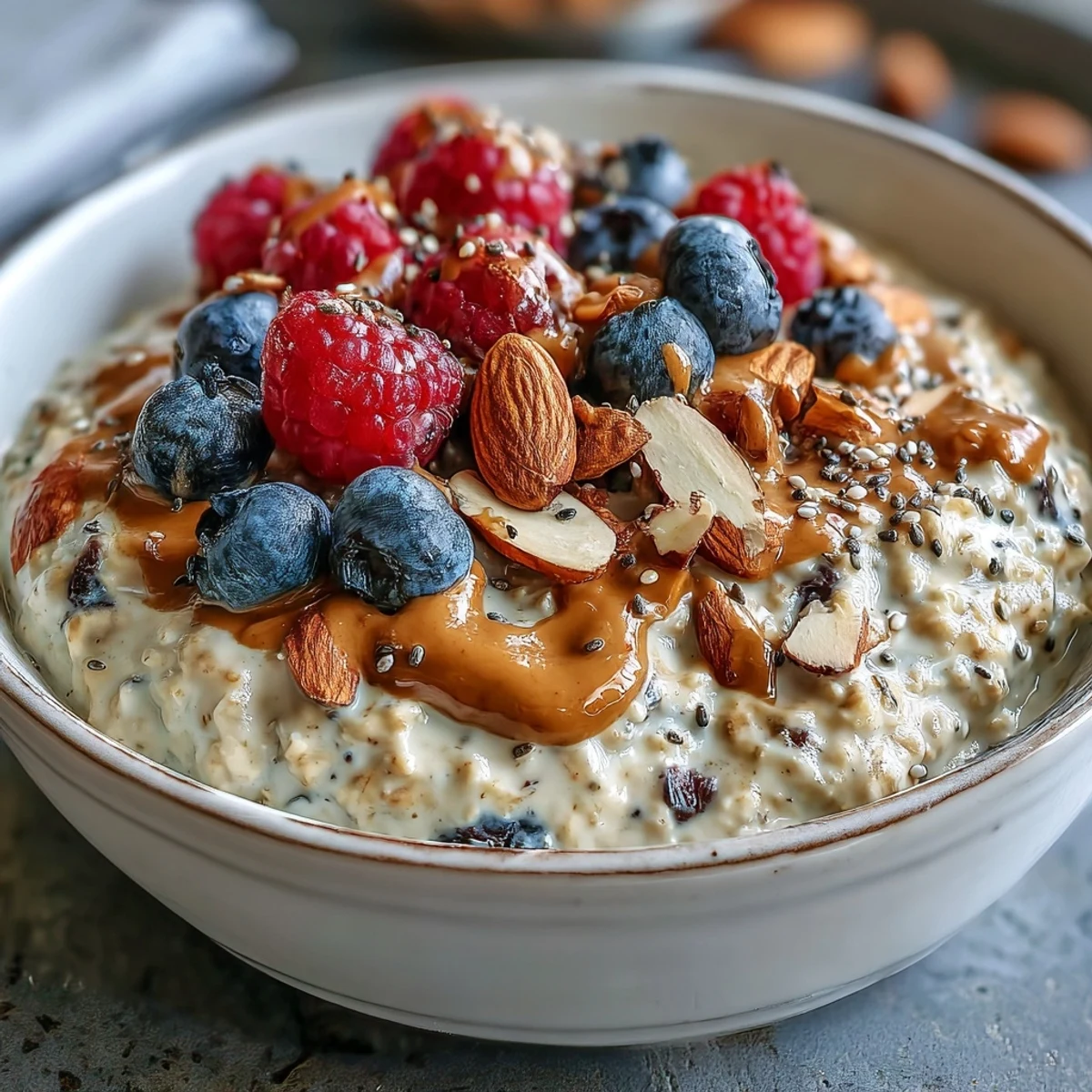 A healthy, no-cook breakfast of oats, berries, and almond butter served in a rustic bowl.  