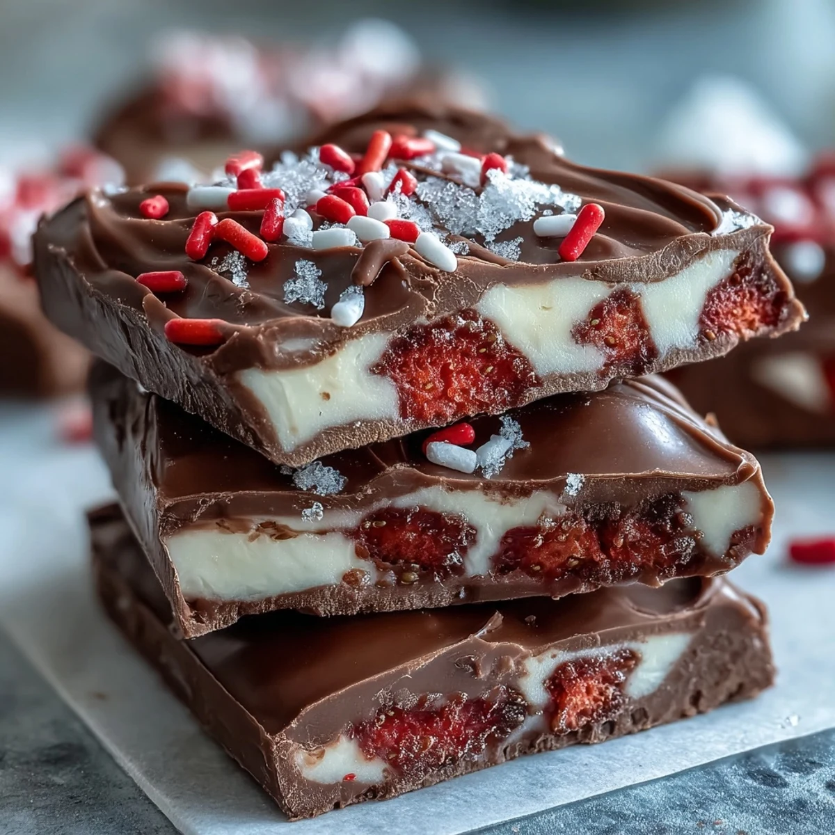 Rich Valentine chocolate strawberry bark with marbled dark and white chocolate, topped with freeze-dried strawberries and festive sprinkles.  